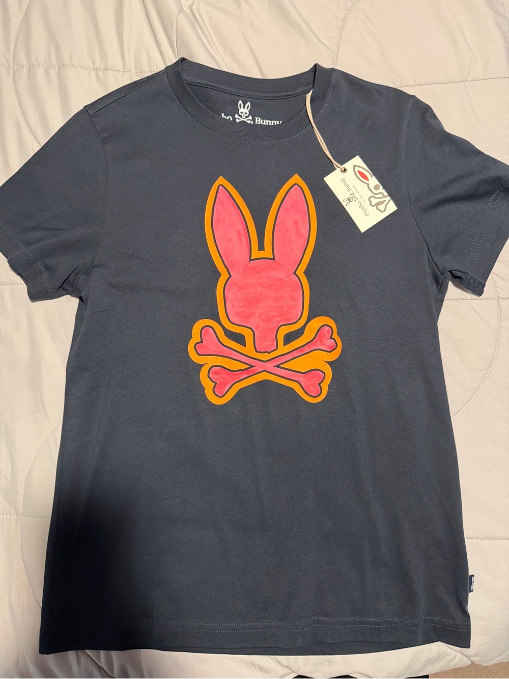 Psycho Bunny Short-Sleeve Tee with Pink and Orange Logo on Navy